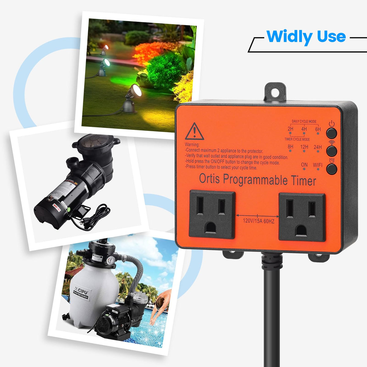 Ortis dual outlets show multi-device connection for pumps and lights.