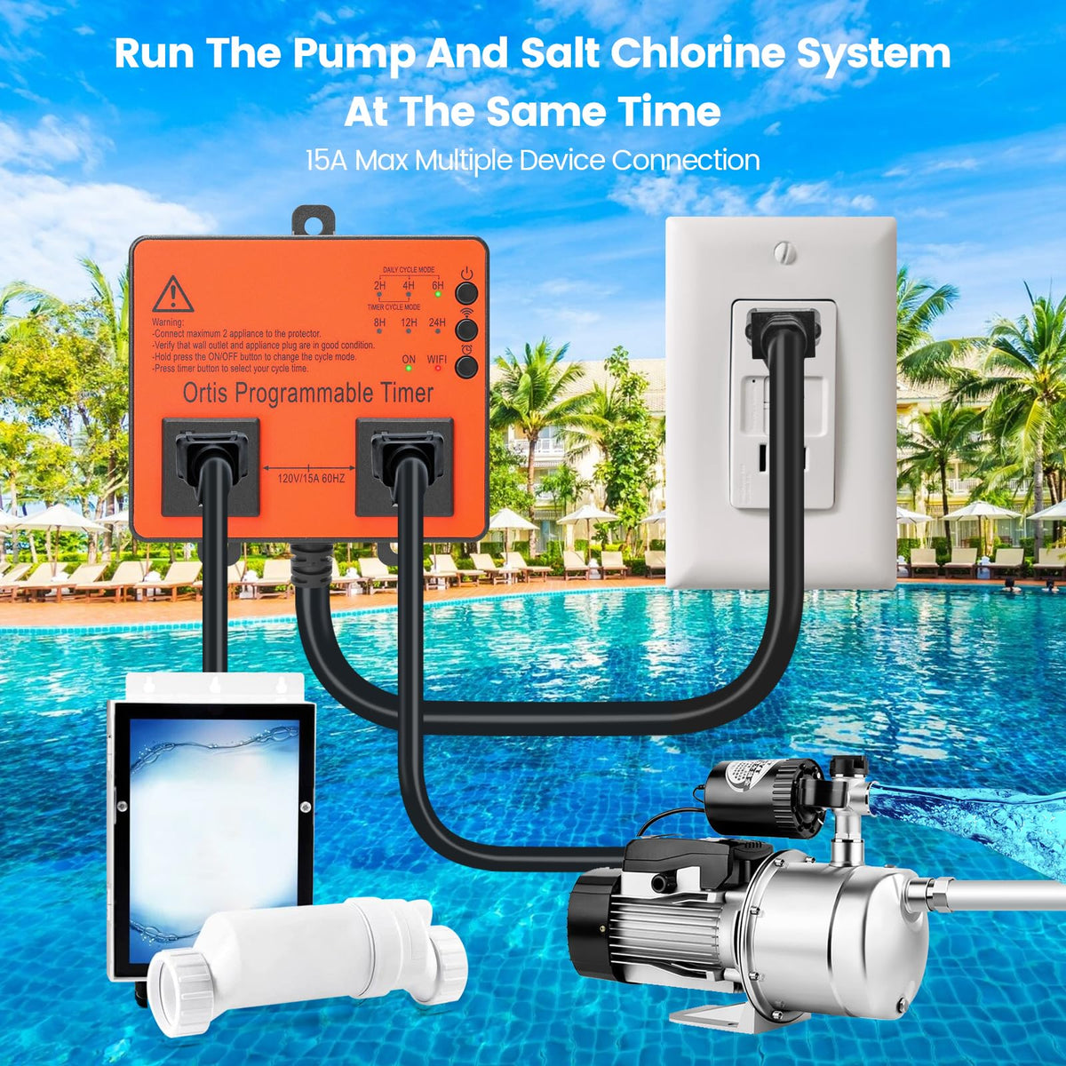 Ortis dual-socket setup powers pump and salt system for clean, efficient operation.