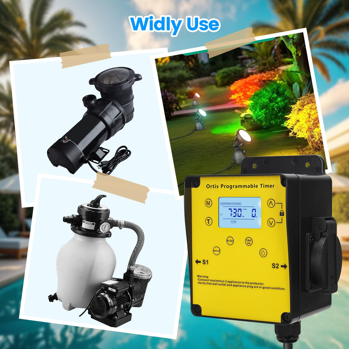 Ortis outdoor timer setup for pumps, lights, and fountains.