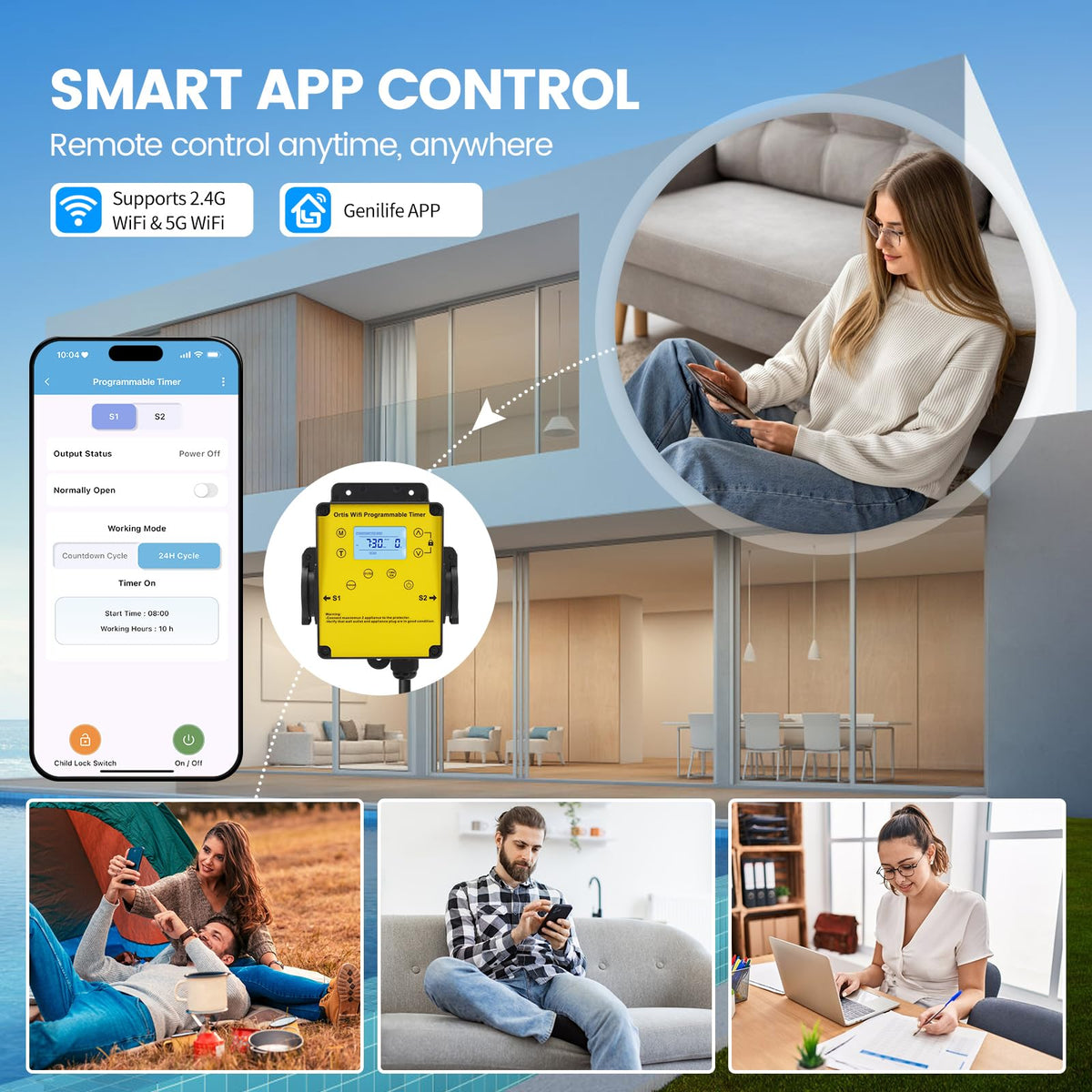 Ortis WiFi Pool Timer app control enables remote scheduling from your phone.