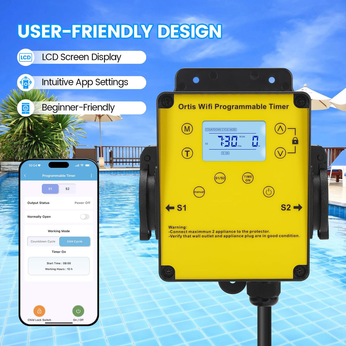 Ortis WiFi Pool Timer outdoor installation in a weatherproof setup.