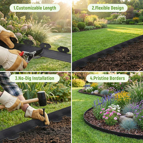 Ortusium flexible no-dig edging demonstrates easy curved installation.