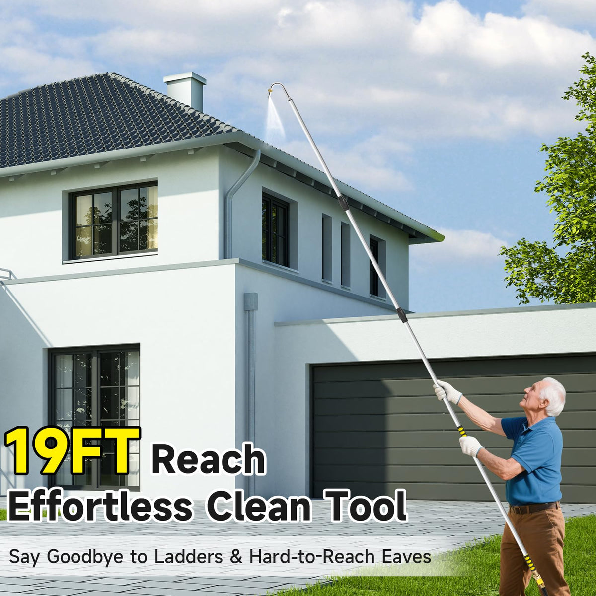 Orvella gutter cleaner tool with hose attachment for ground-level use