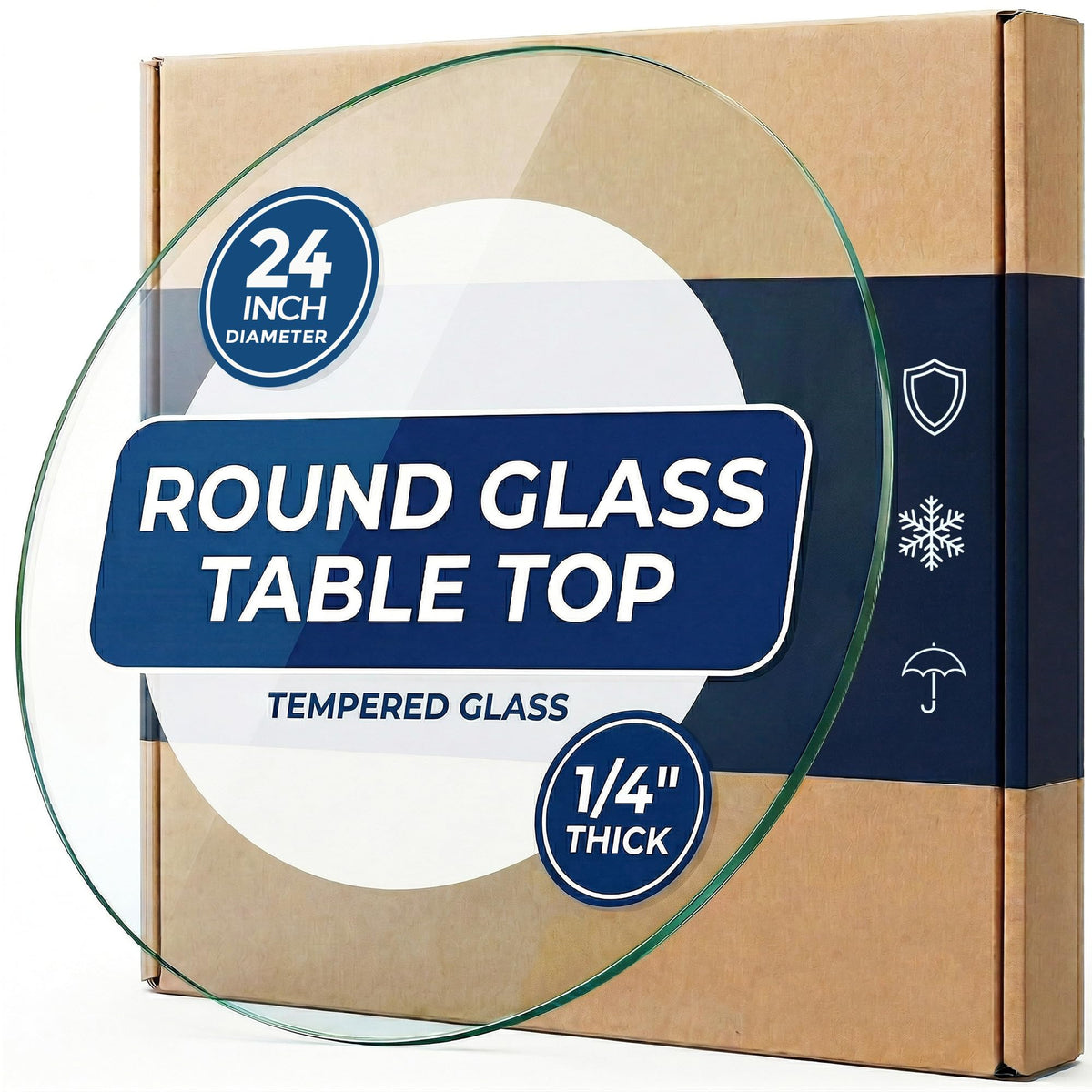 Orviana 20-inch round glass top with pencil edge for safe use.