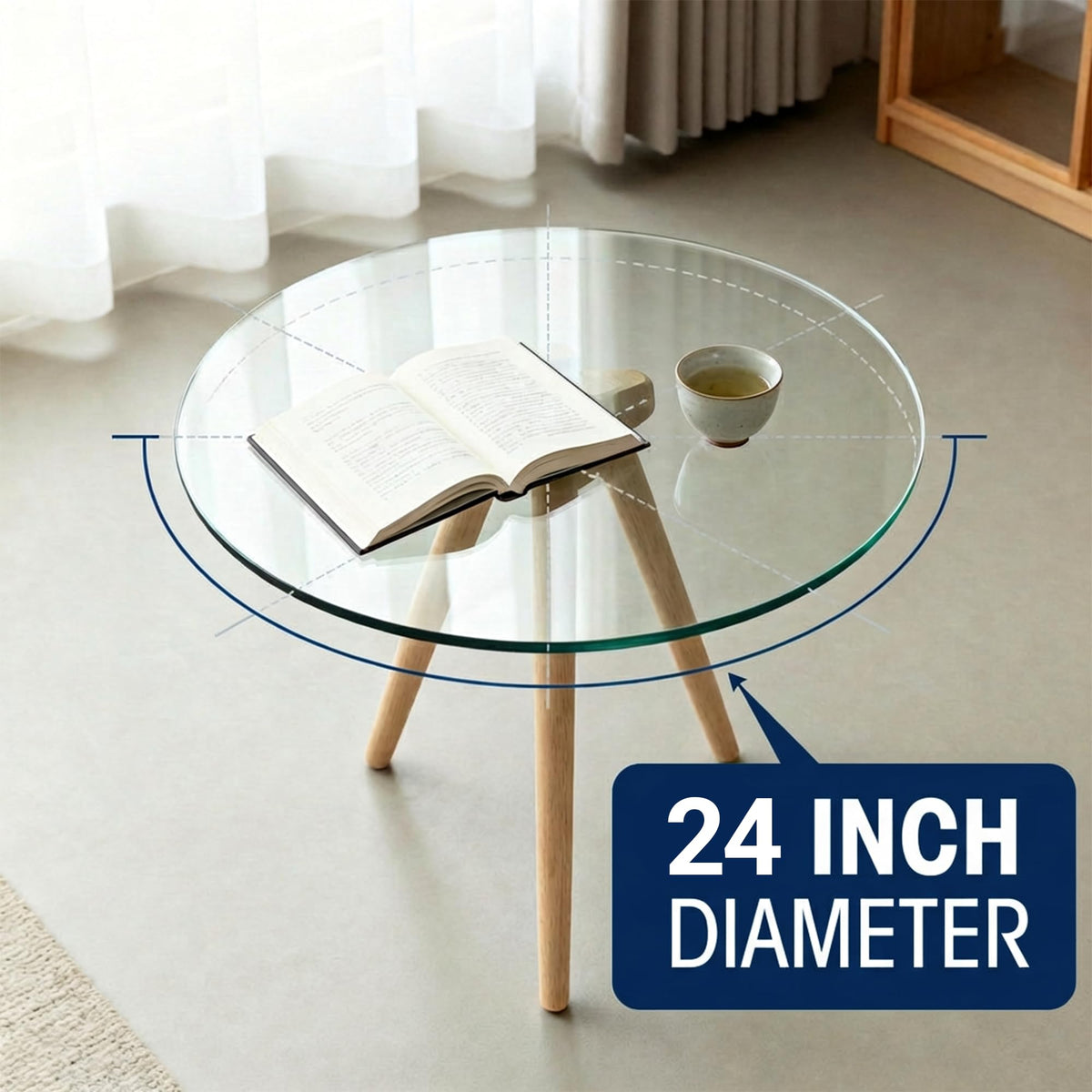 Orviana round glass top with safe, rounded edge for safety.
