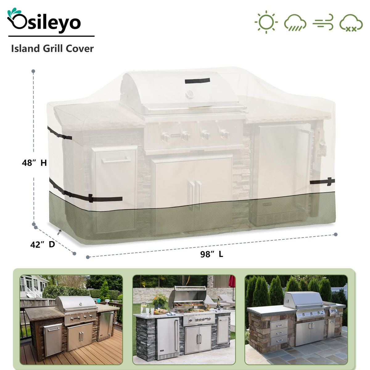 Osileyo 98inch island grill cover back view with secure fit against wind and rain