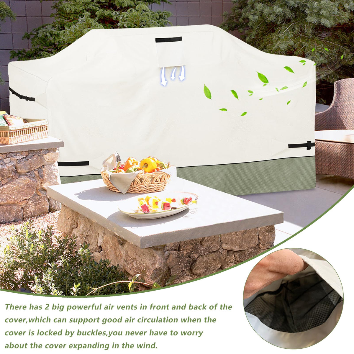Osileyo 98inch island grill cover right side view demonstrating drawstring adjustment