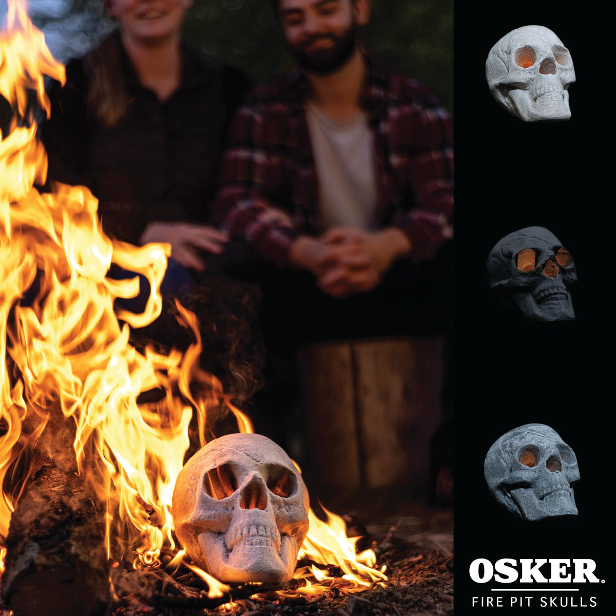 OSKER bonfire and campfire setup featuring the skull log centerpiece.