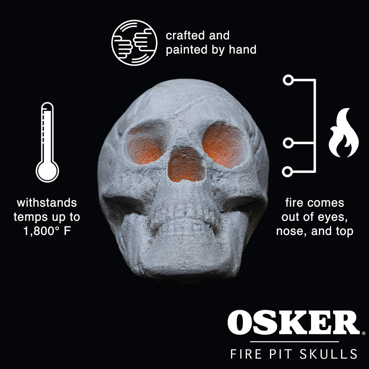 OSKER skull log flames escape through nose and eyes for visual intrigue.