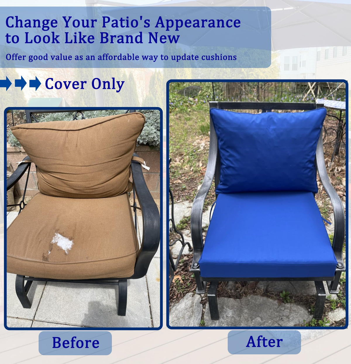 Oslimea garden setup with blue cushion covers on seating