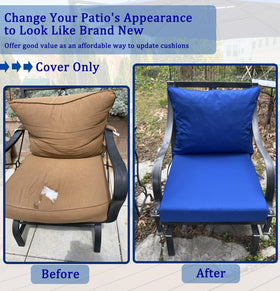 Oslimea garden setup with blue cushion covers on seating