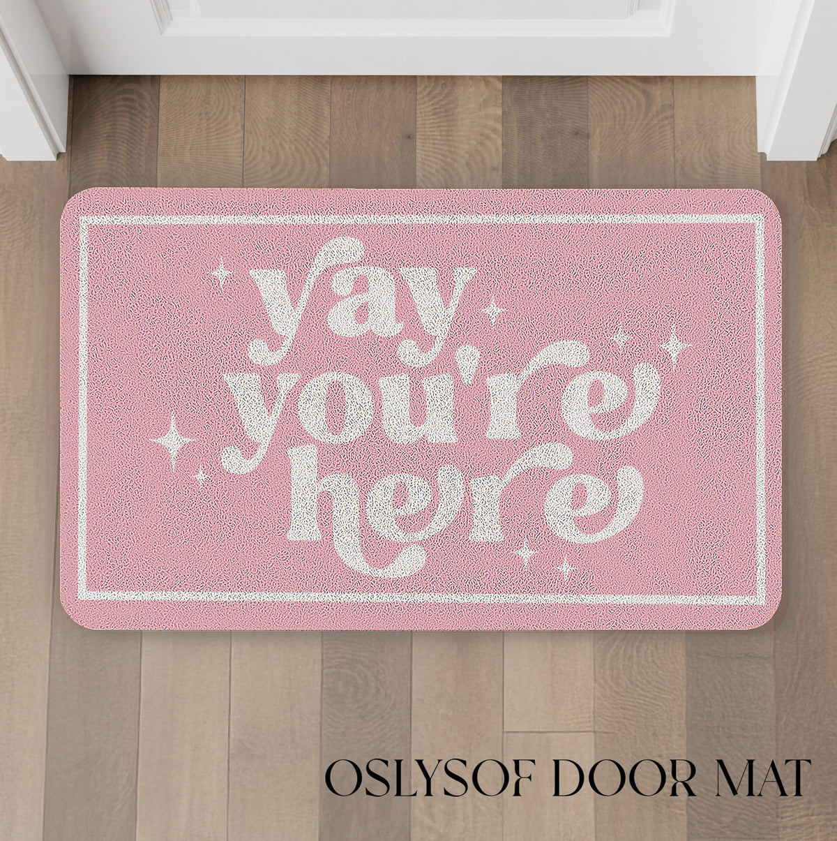OSLYSOF funny pink door mat texture close-up showing durable fibers that trap dirt.
