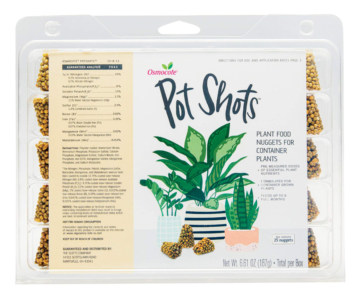 Osmocote PotShots pack on a bright windowsill for container feeding