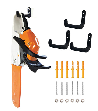 OSROENE chainsaw hanger on wall mount keeps tools organized.