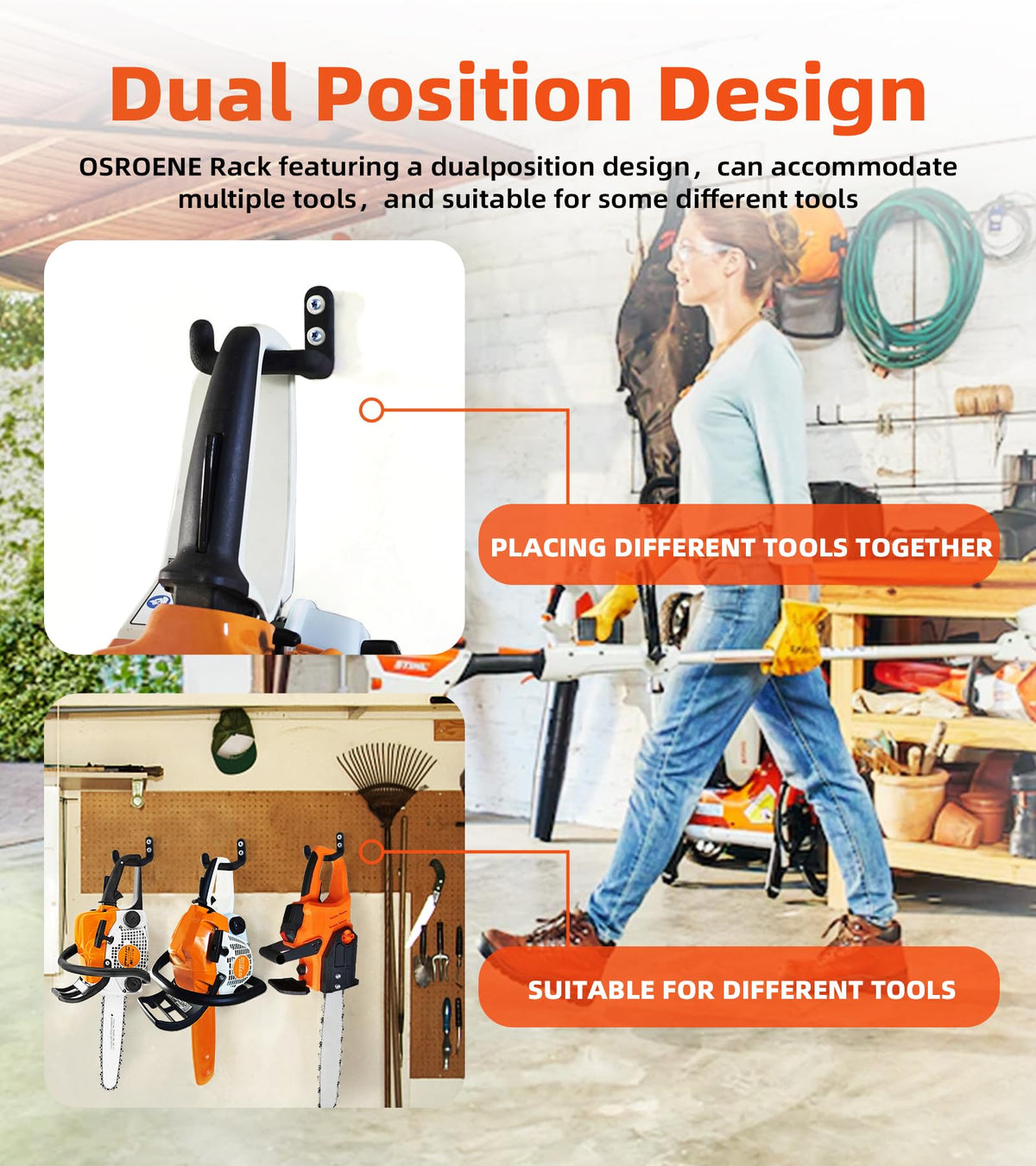 OSROENE mounted chainsaw holder in shed for easy access.