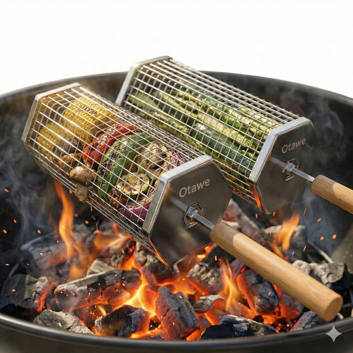 Otawe 2-pack rolling grill basket with lid for even cooking on any grill