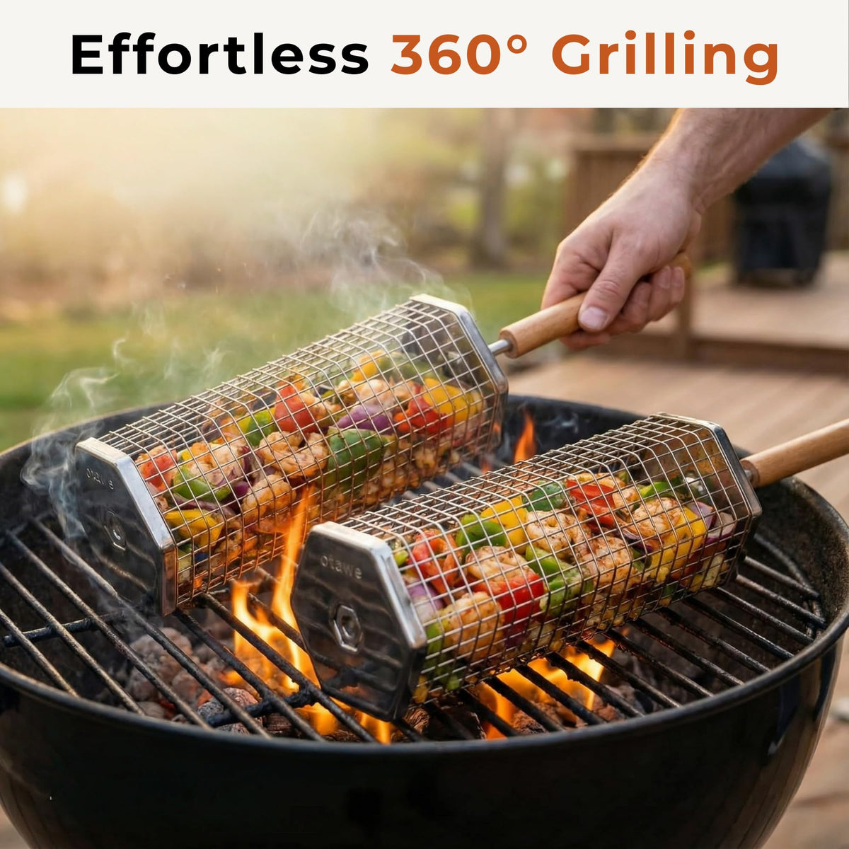 Otawe stainless steel grill basket with wooden handle for safe, comfortable grilling
