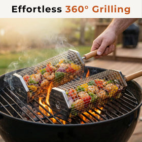 Otawe stainless steel grill basket with wooden handle for safe, comfortable grilling