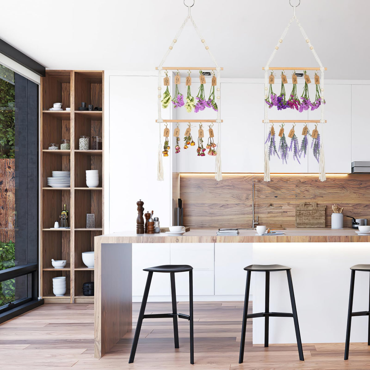 OtGalk boho style rack in kitchen décor ideal for drying and display.