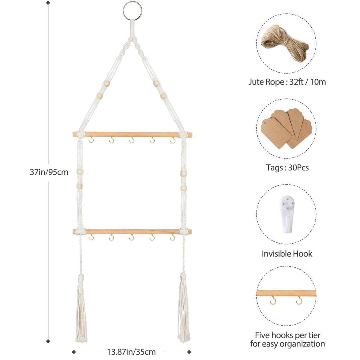 OtGalk herb drying rack side view showing decorative beads and gold hooks for stylish display.
