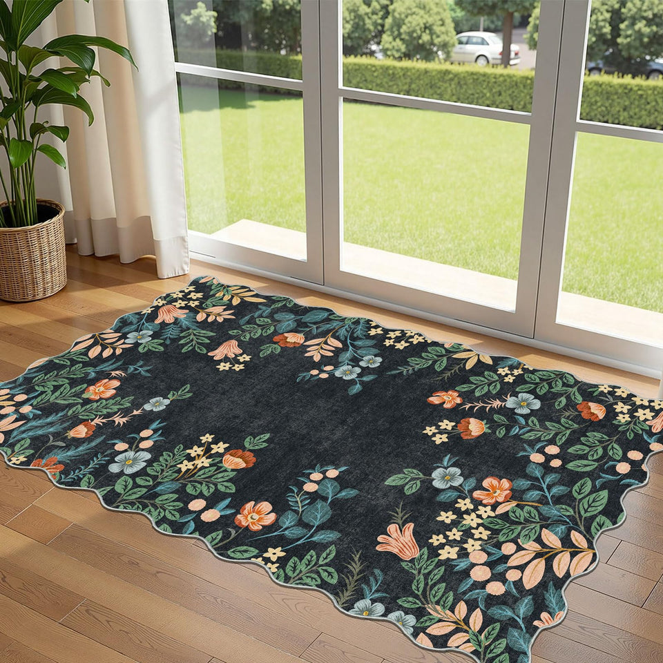 Othilic black floral entry rug 3x5 ft with chic boho design welcomes guests safely.