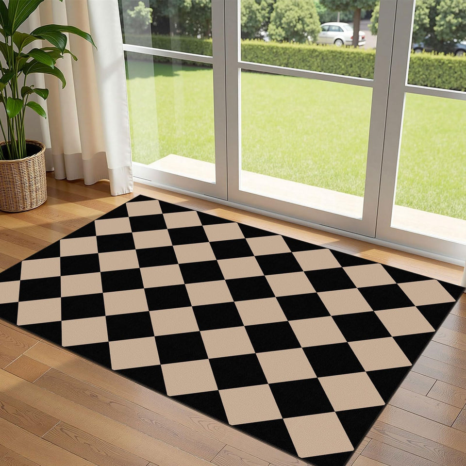 Othilic black-tan checkered entry rug, durable for busy doorways and stylish welcome.