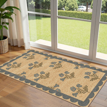 Othilic blue floral doormat for the front door, 2x4.3 ft, traps dirt efficiently.