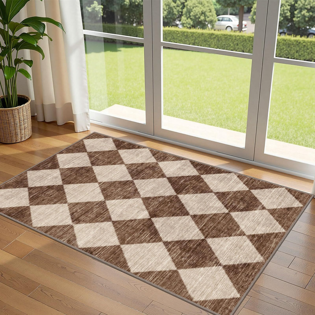 Othilic entry rug with brown-beige checkered design at the front door
