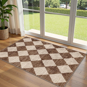 Othilic entry rug with brown-beige checkered design at the front door