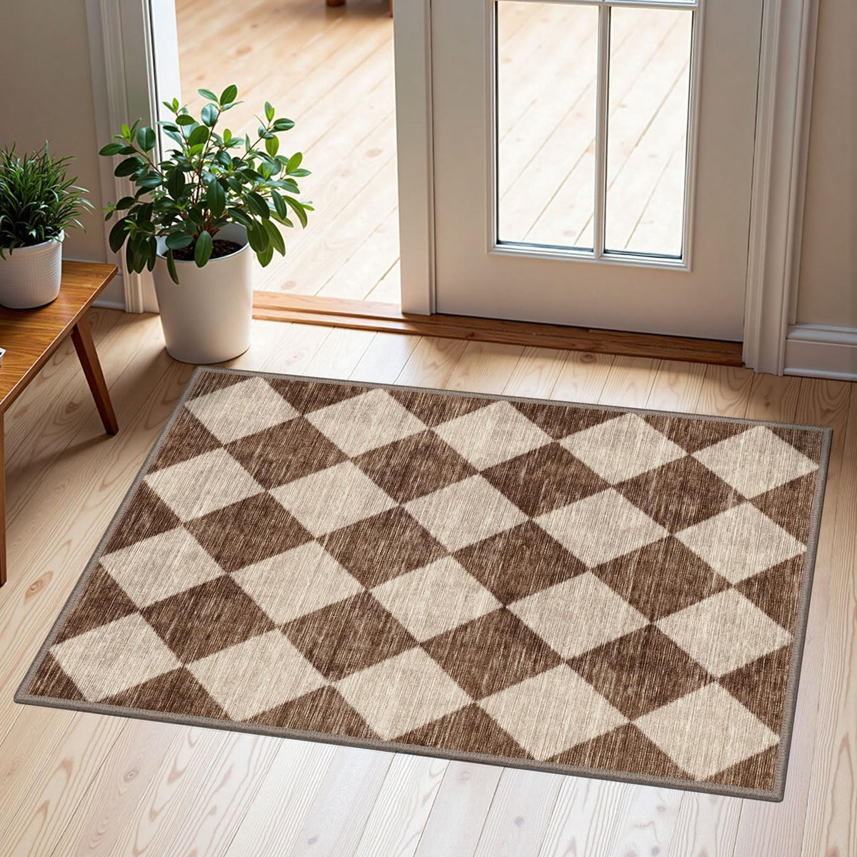 Othilic front door rug with checkered diamond pattern for entryway style
