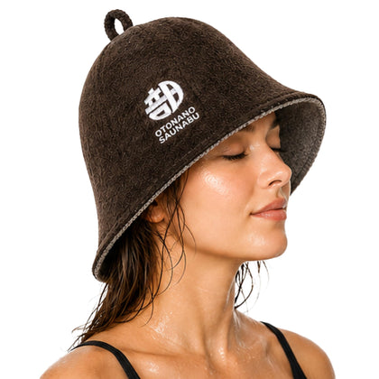 OTONANOSAUNABU brown sauna hat front view showing double-layer warmth and heat protection.
