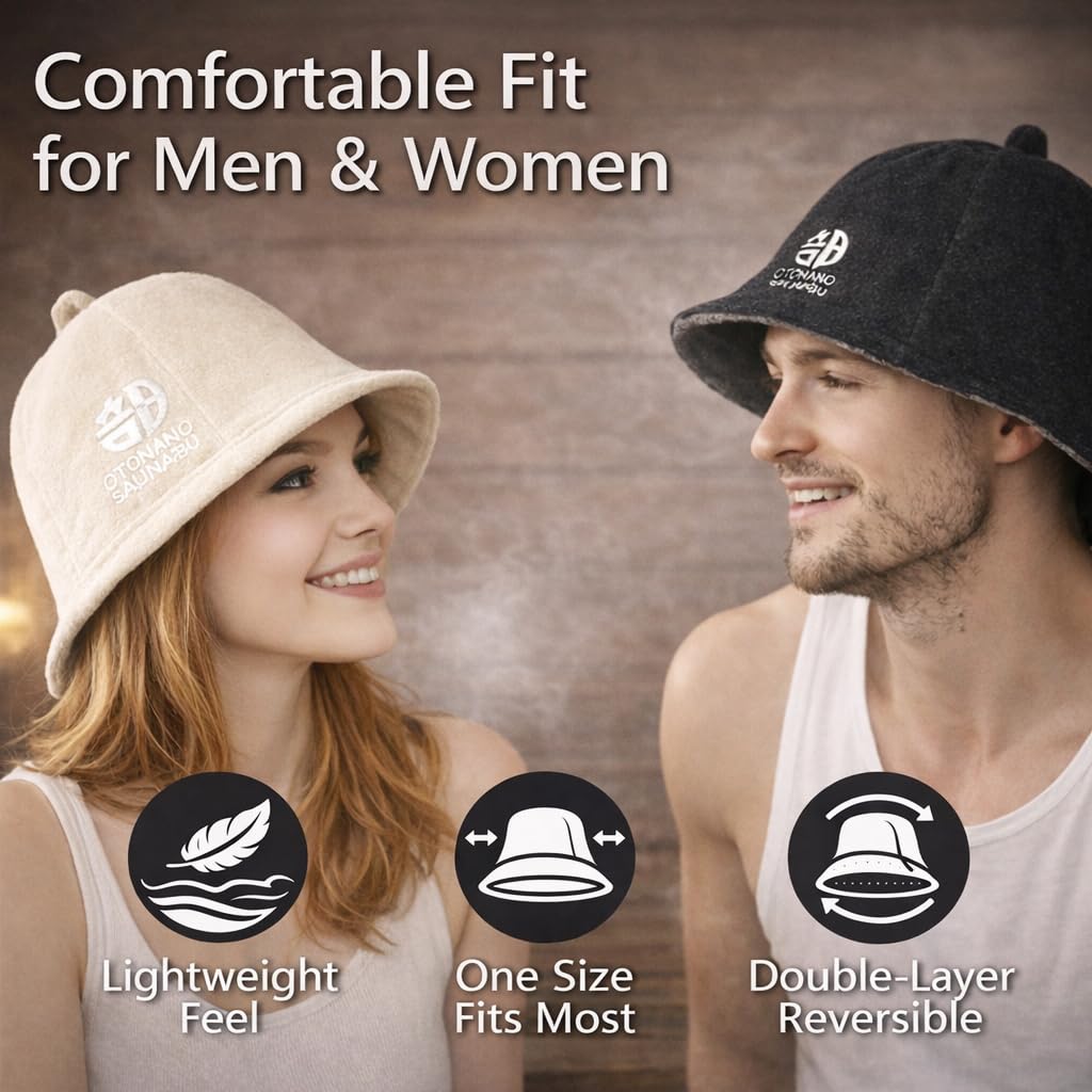 OTONANOSAUNABU brown sauna hat worn by model for real-life fit.