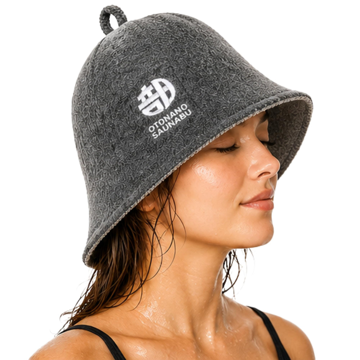 OTONANOSAUNABU gray sauna hat front view showing heat protection and privacy