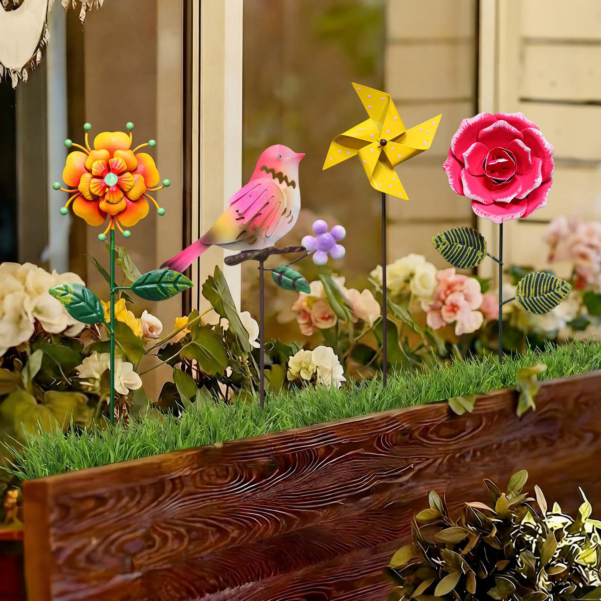 Otoolling 3D metal garden stake showcases multi-dimensional floral design.