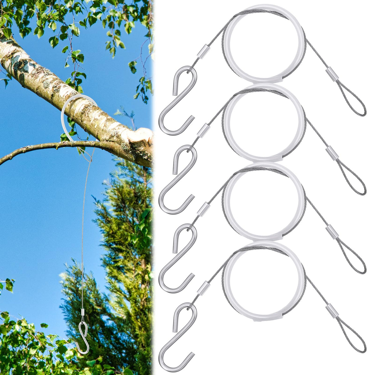 Otoolling 4pc bird feeder hanger kit with S-hooks protecting branches.