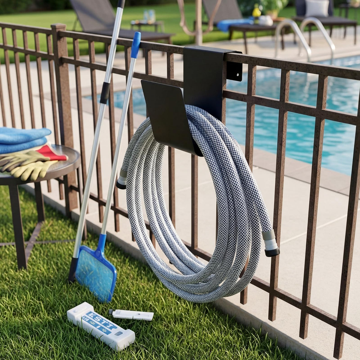 Otoolling black outdoor hose hanger withstands moisture and sunlight for year-round use.