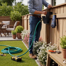 Otoolling hose organizer with extended arms prevents bending and extends hose life.
