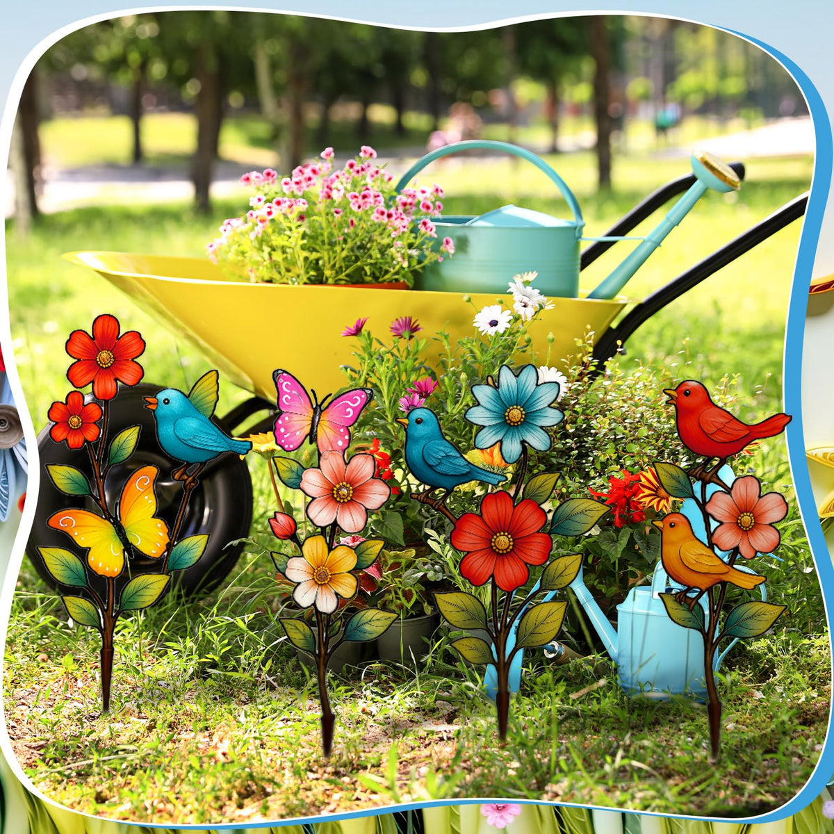 Otoolling rust-proof metal stake stands up to weather for year-round color.