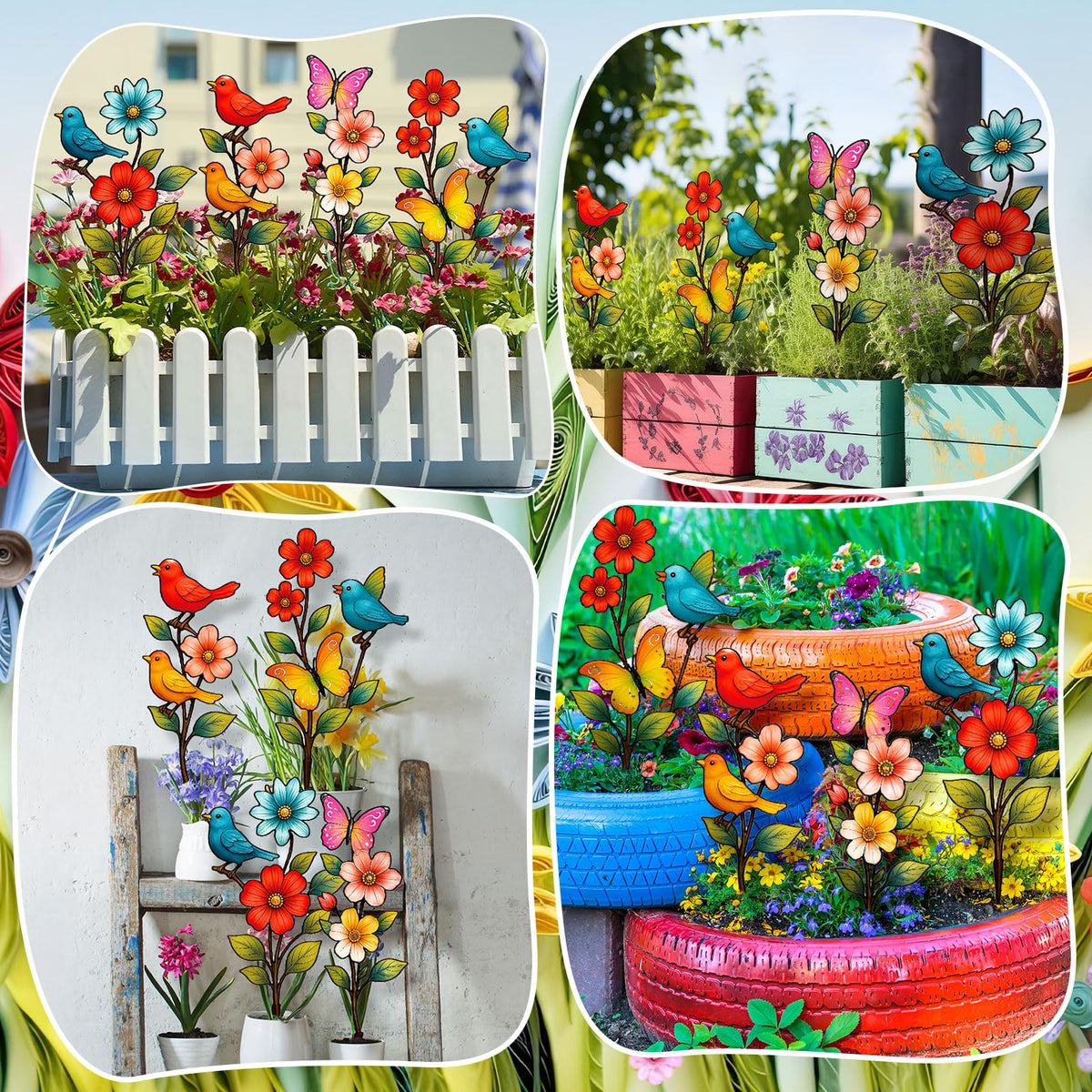 Otoolling garden stake set enhances porches and pathways with cheerful color.