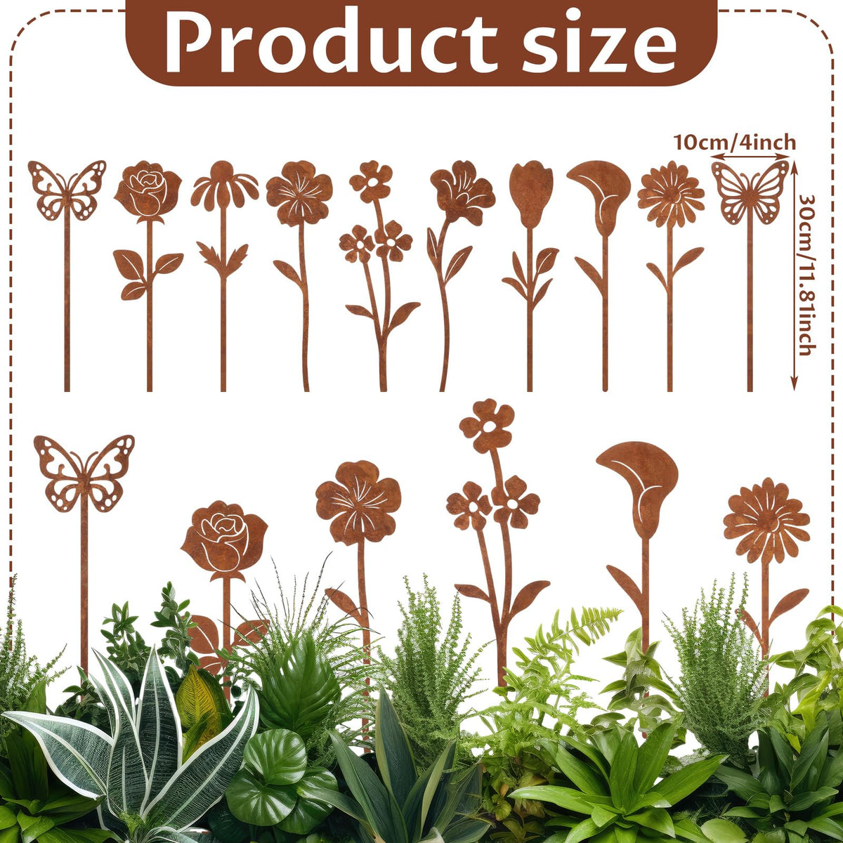 Otoolling rusty metal flowers stake shown with plants for charming pathways and borders.
