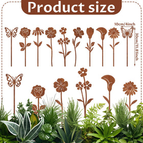 Otoolling rusty metal flowers stake shown with plants for charming pathways and borders.