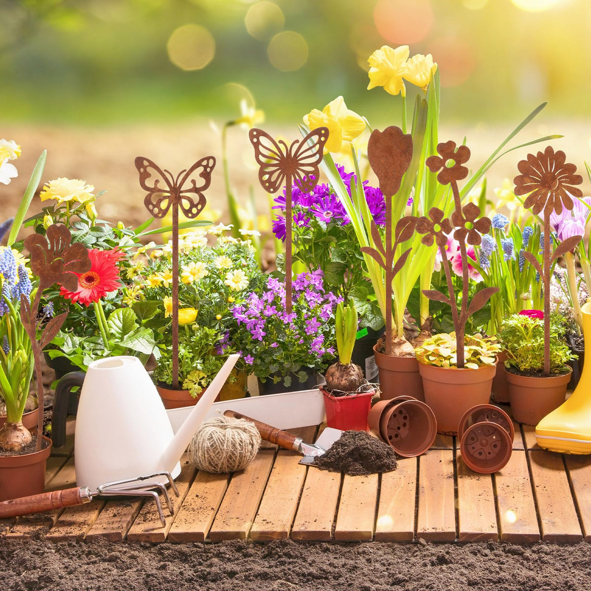 Otoolling rusted metal arrangement creates 3D depth in yard art displays.
