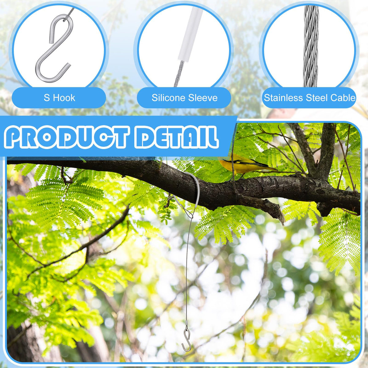 Otoolling stainless steel cable provides durable, adjustable hanging length.