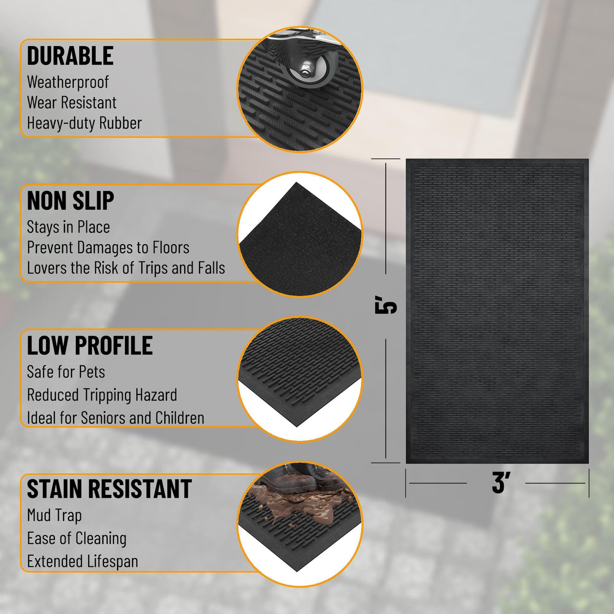Ottomanson non-slip doormat features a low-profile design for smooth door clearance.