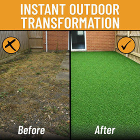 Backyard seating area accented by Ottomanson artificial grass rug