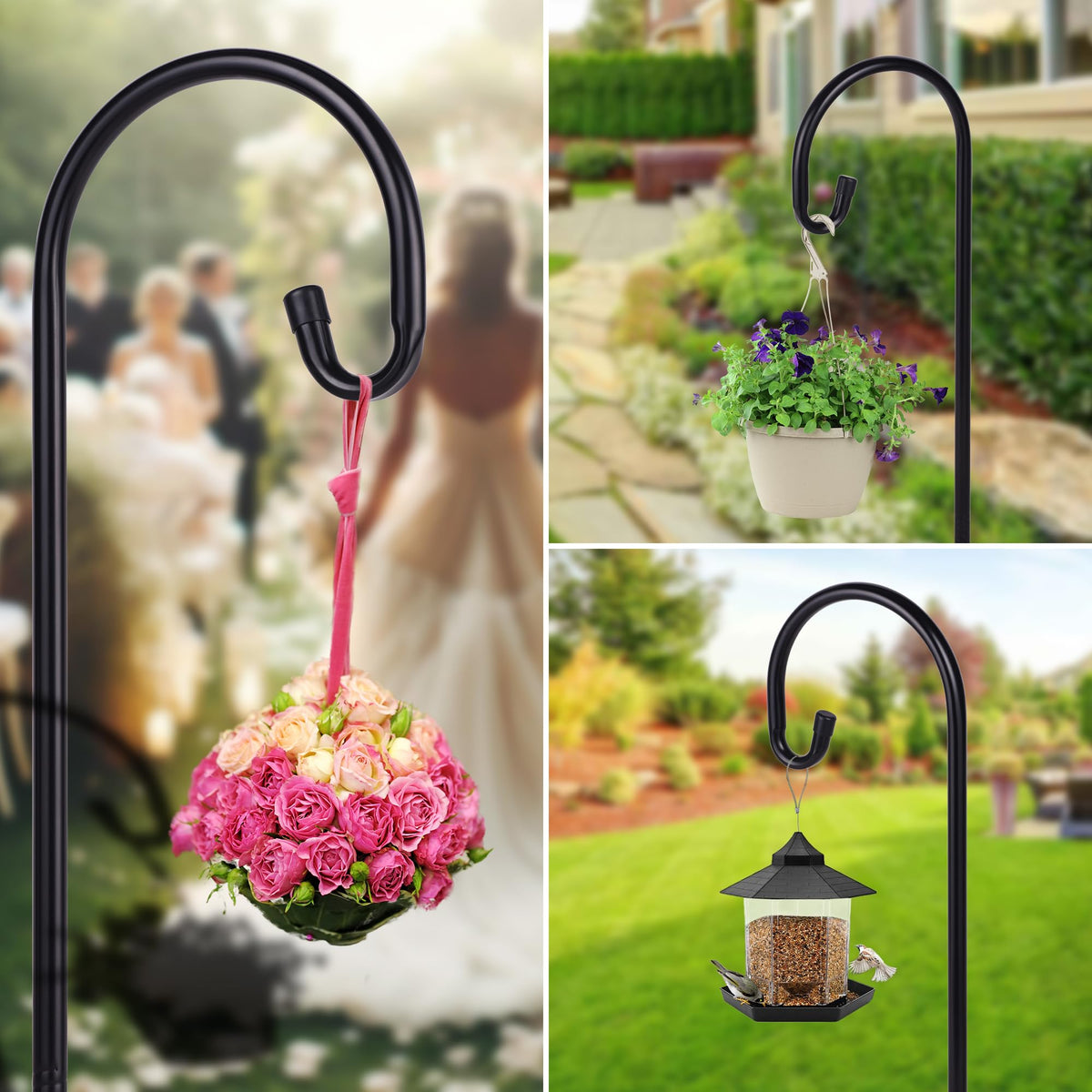 Ottsuls adjustable hanger supports lanterns and bird feeders outdoors.