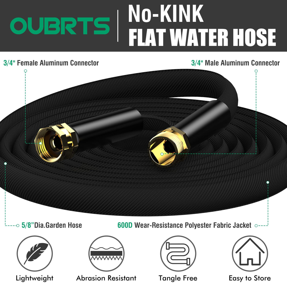 OUBRTS hose with 3/4-inch metal fittings ensures leakproof connections.