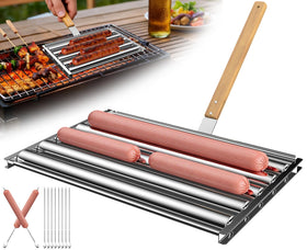 OUBRTS extra-large hot dog roller on grill for even, crowd-friendly cooking.