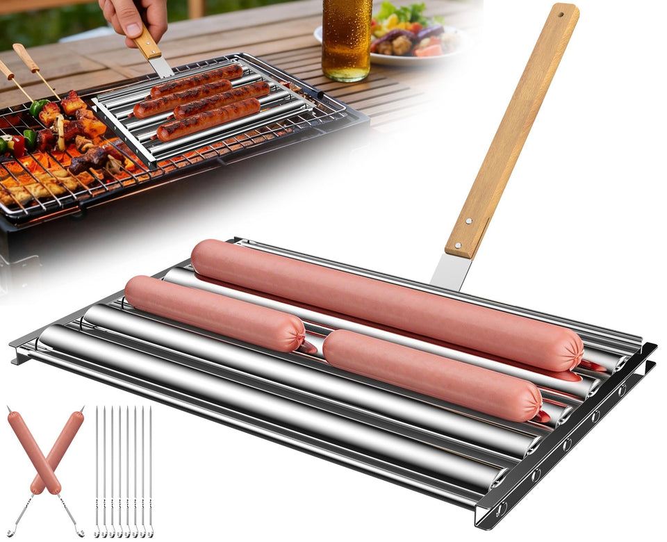 OUBRTS extra-large hot dog roller on grill for even, crowd-friendly cooking.