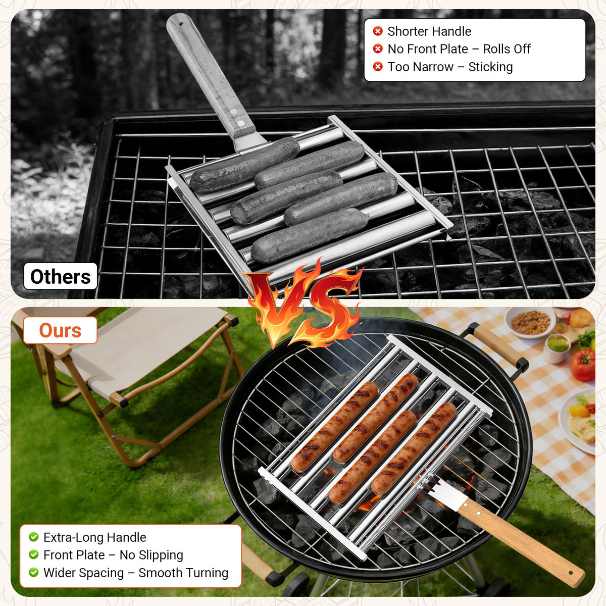 OUBRTS grill session setup showing convenient rotating hot dogs outdoors.